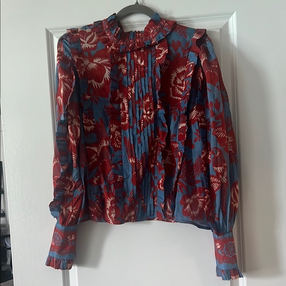 FARM RIO Floral Ruffle Blouse - Red and Blue - Picture 3 of 9